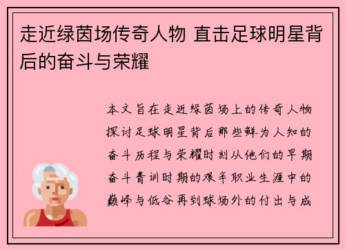 走近绿茵场传奇人物 直击足球明星背后的奋斗与荣耀